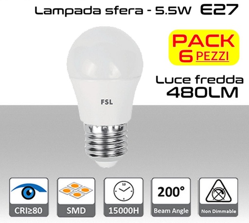 [SA0115] Lampadina LED a sfera 5,5W luce fredda E27  480 lumen PACK 6 PZ
