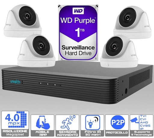 [SA4MPD] Kit videosorveglianza da esterno 4 telecamere dome 4.0 megapixel e dvr con hard disk