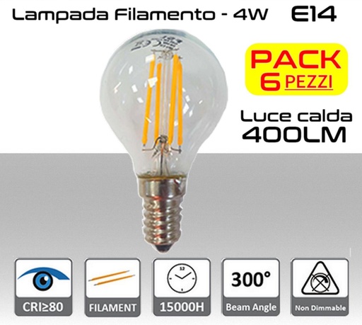 [SA0116] Lampadina LED a filamento 4W luce calda E14  470 lumen PACK 6 PZ