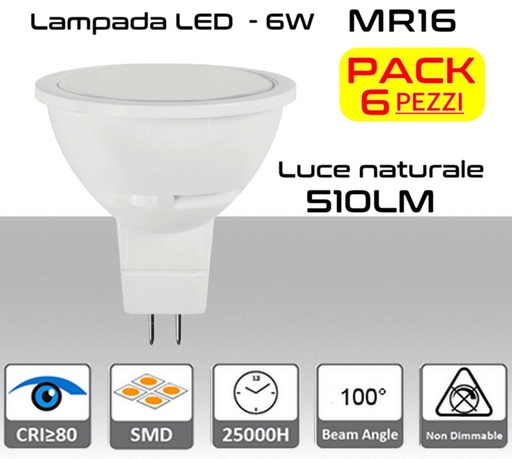 [SA0125] Lampadina LED MR16 GU5.3 luce bianca naturale 510 lumen 6W Cover opaca PACK 6pz.