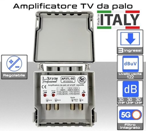 [SAAP37L-5G] Amplificatore antenna TV 3 ingressi VHF-UHF-UHF 30dB regolabile AP37L-5G