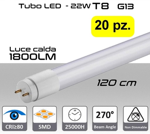 [SA0130] Tubo LED T8 attacco G13 da 22W a 1800 lumen luce calda misure 120 cm PACK 20 PZ