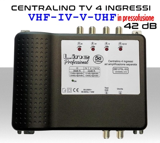 [SACE1275L-5G] Centralino antenna TV da interno 4 ingressi BIII-IV-V-UHF 42dB telaio pressofuso