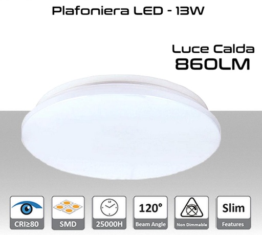 [SA0153] Plafoniera LED 13W luce calda 860 lumen Ø260x55mm