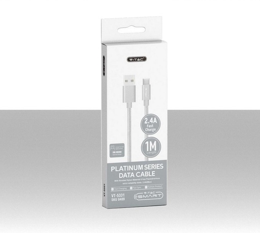 [SKU-8489] Cavo da Micro-USB a USB-A 1m Ricarica Rapida 2.4A Platinum Series Cavo Antigroviglio in Corda Colore Argento