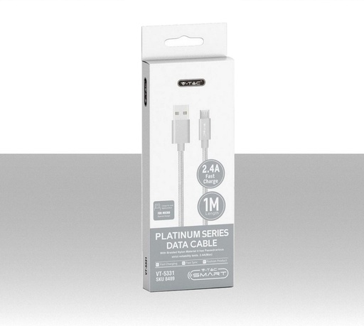 [SKU-8489] Cavo per cellulari da Micro-USB a USB 1m Ricarica Rapida 2.4A Platinum Series Cavo Antigroviglio in Corda Colore Argento