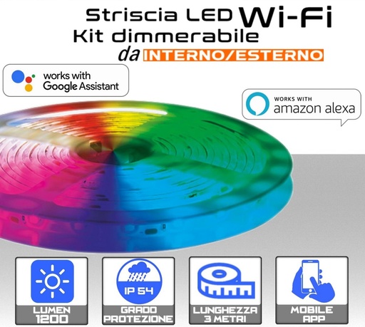 [SA0219] Striscia LED 3 metri  Wi-Fi RGB + Bianco dimmerabile 1200 Lumen 