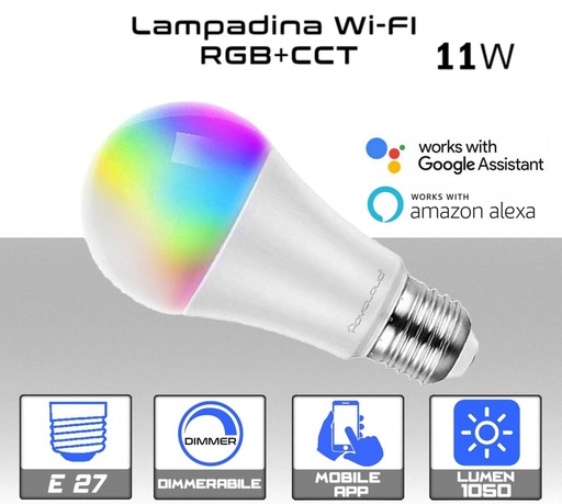 [SA0220] Lampadina LED Wi-Fi 11w 1050 lumen  E27  RGB e CCT dimmerabile