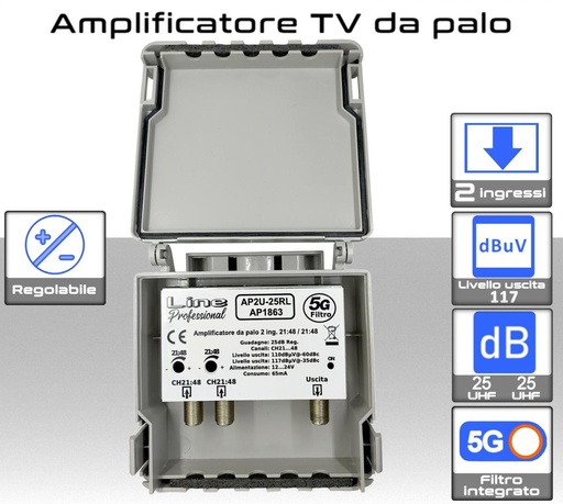 [AP2U-25RL] Amplificatore antenna TV 2 ingressi UHF 25dB regolabile AP2U-25RL