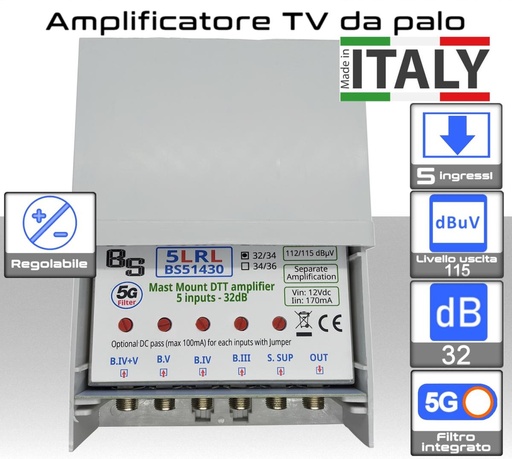 [BS51430] Amplificatore antenna TV 5 ingressi BIII-IV-V-UHF-S (32/34) 32dB regolabile BS51430