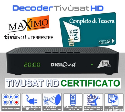 [SA0065]  Decoder tivusat HD combo DVB-S2/T2 scheda inclusa Digiquest Maximo compatibile DAZN