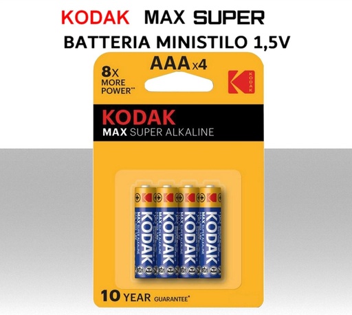 [SAK30952812] Batterie ministilo alcaline KODAK MAX SUPER ALKALINE AAA 1,5V Confezione 4pz.