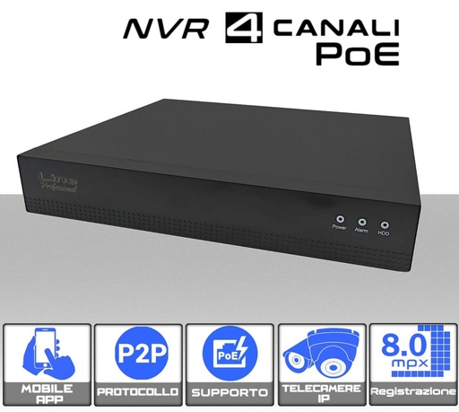 [NVR4-5-POE] NVR Videosorveglianza POE 4 Canali 4K supporto ONVIF IP 