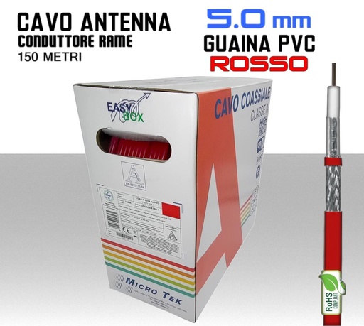 [SA0944] Cavo antenna TV 5 mm guaina rossa bobina 150 metri Rame e PVC Micro TEK