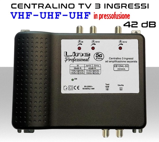 [CE1294L-5G] Centralino antenna TV da interno 3 ingressi BIII-UHF-UHF 42dB telaio pressofuso