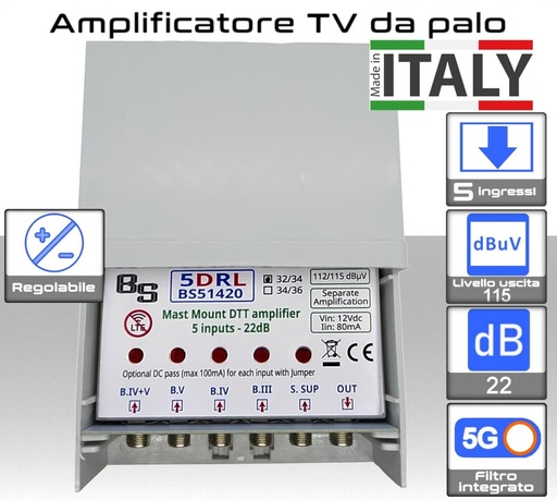 [BS51420L] Amplificatore antenna TV 5 ingressi BIII-IV-V-UHF-S (32/34) 22dB regolabile BS51420