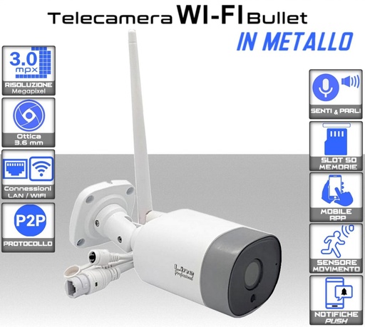 [IPC1W-3] Telecamera wifi da esterno in metallo 3.0 mpx ottica fissa 3.6 mm IP66 con Microfono incorporato