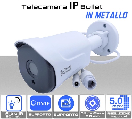 [IPC1B-5] Telecamera IP Bullet PoE Onvif 5MP Ottica 2.8 mm in metallo sony starvis