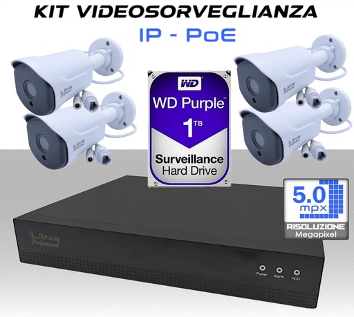 [kitnvr4bullet] KIT Videosorveglianza IP Poe 4 telecamere bullet 5MP Starvis 