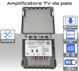 [AP3234-35RL] Amplificatore TV 2 Ingressi 35dB Taglio 32/34 LTE 4G 5G - Ottimizzato per Ricezione TV Digitale