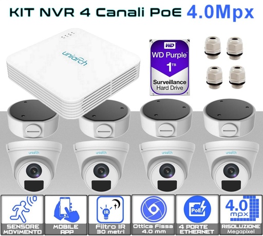 [SA0197] Kit videosorveglianza PoE 4 canali completo di telecamere dome IP da esterno Hard Disk  e accessori Uniarch