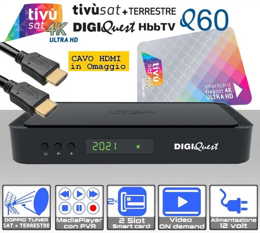 [RI1808] Decoder Tivusat 4K combo Digiquest Q60 DVB-S2  DVB-T2 HEVC con scheda Tivùsat UHD e cavo HDMI HQ in omaggio