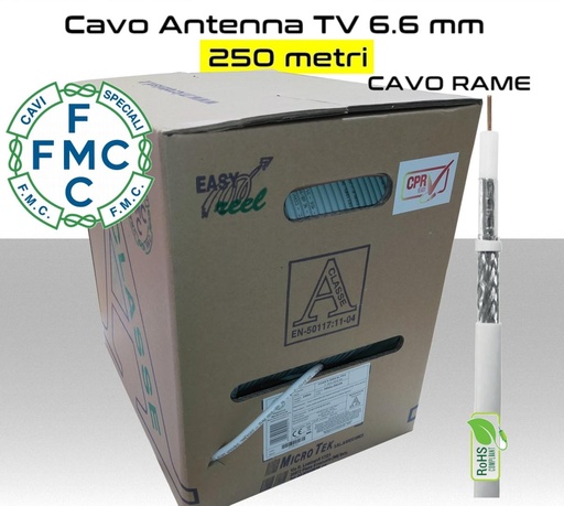 [MS0909] Cavo coassiale per antenna TV 6,6 mm in bobina 250 metri Rame e PVC bianco Micro TEK