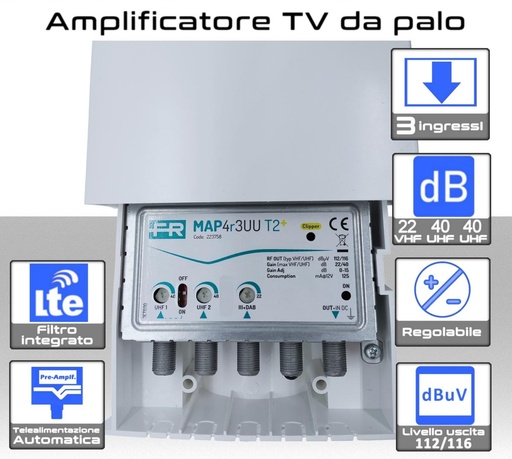[SA2269] Amplificatore antenna TV 3 ingressi VHF-UHF-UHF 40dB regolabile Filtro 5G